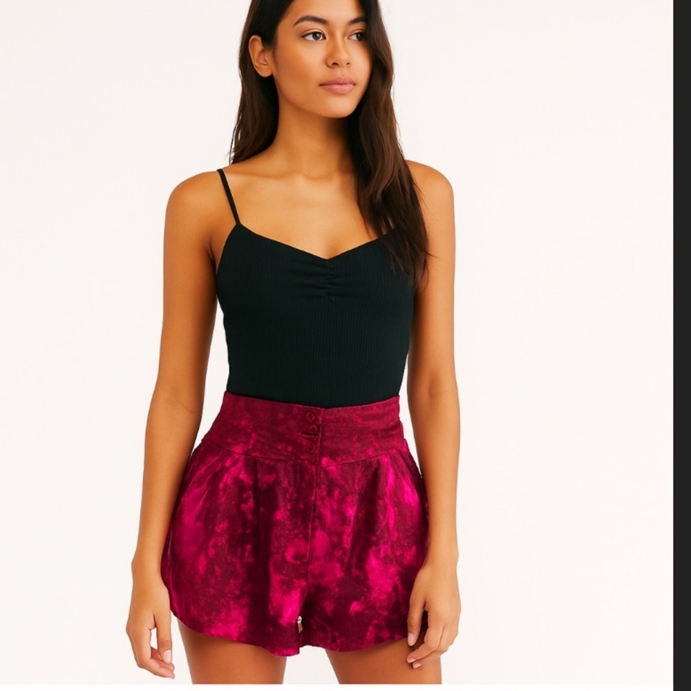 Free people boho acid high waisted satin embroidered tie dye shorts fall casual